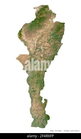 Cesar, department of Colombia. Sentinel-2 satellite imagery. Shape isolated on white solid. Description, location of the capital. Contains modified Co Stock Photo