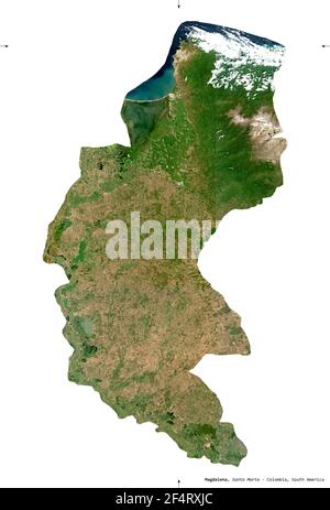 Magdalena, department of Colombia. Sentinel-2 satellite imagery. Shape isolated on white solid. Description, location of the capital. Contains modifie Stock Photo