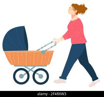 Mother walking with perambulator and kid vector Stock Vector