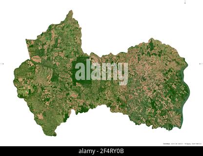 Canindeyu, department of Paraguay. Sentinel-2 satellite imagery. Shape isolated on white. Description, location of the capital. Contains modified Cope Stock Photo