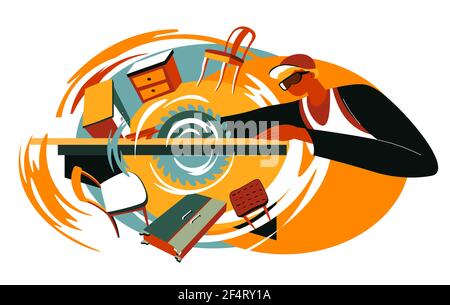 Carpenter working on handmade furniture making Stock Vector