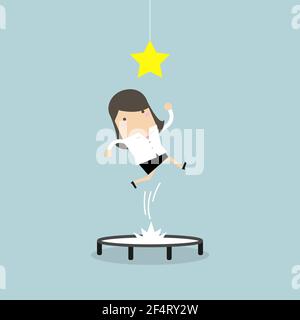 Businesswoman trying to catch the star by jumping on trampoline. Stock Vector