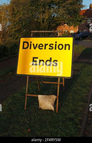 A temporary Diversion Ends road sign due to road closure for works in a residential area of Hellesdon, Norfolk, England, United Kingdom. Stock Photo