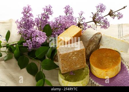 redbud flower and various soaps Stock Photo