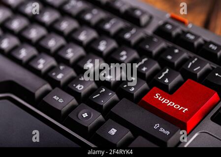 Close-up enter button with inscription support. Computer keyboard close up. Technical support. Stock Photo