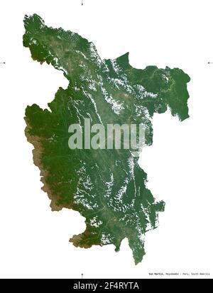 San Martin, region of Peru. Sentinel-2 satellite imagery. Shape isolated on white. Description, location of the capital. Contains modified Copernicus Stock Photo