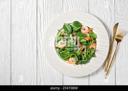 Salad of avocado shrimps with baby spinach leaves, fresh sunflower sprouts, yogurt and tahini dressing with chili flakes served on a white plate on a Stock Photo