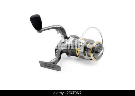 Spinning fishing reel. Isolated on white background. Stock Photo