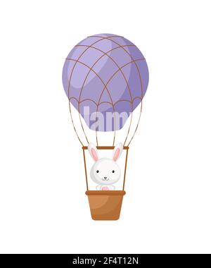 Cute little rabbit fly on purple hot air balloon. Cartoon character for childrens book, album, baby shower, greeting card, party invitation, house int Stock Vector