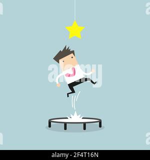 Businessman trying to catch the star by jumping on trampoline. Stock Vector