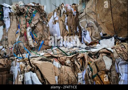 Bales of cardboard waste at a materials recycling facility in the UK. Stock Photo