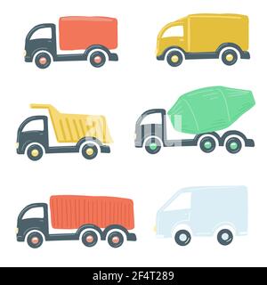 set of trucks flat simple cartoon style hand drawing. vector illustration Stock Vector