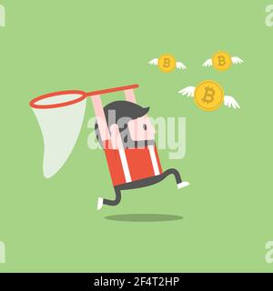 A man trying to catch bitcoin with a butterfly net. Digital currency. Stock Vector