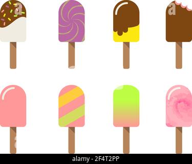 Set of various cartoon ice cream drawn in colorful flat style Stock Vector