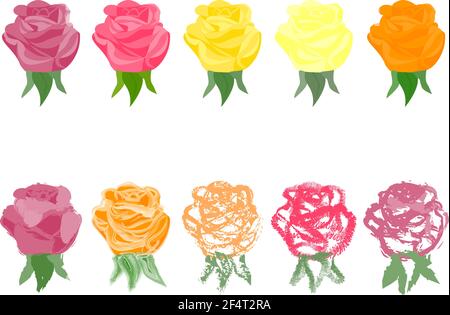 Set of various colored roses drawn in flat style, painting and watercolor Stock Vector