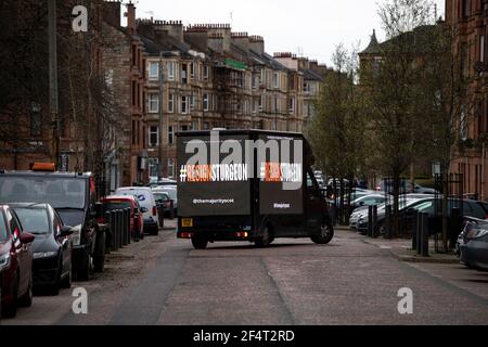 Glasgow, Scotland, UK. 23 March 2021. PICTURED: Billboard message to Nicola Sturgeon, ‘WE DON'T BELIVE YOU NICOLA' in Govanhill area of Glasgow where the First Minster is standing for Parliament. Credit: Colin Fisher/Alamy Live News. Stock Photo