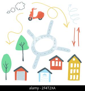 big set of urban elements flat simple cartoon style hand drawing. cars, roads, traffic lights. vector illustration Stock Vector