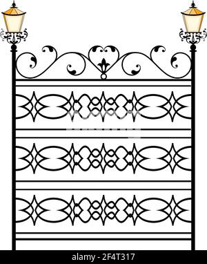 Wrought Iron Gate With Lamp Design Vector Art Illustration Stock Vector