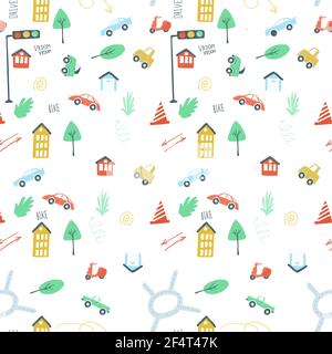 endless pattern set city cars traffic lights road. simple hand drawing style vector illustration. Stock Vector