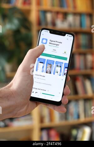 WARSAW, POLAND - JANUARY 29, 2021: User installing Signal private messenger encrypted live chatting app on an Android OS, Xiaomi brand smart phone. Stock Photo