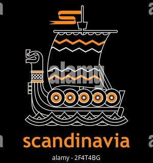 Viking Scandinavian design. The Viking ship is a Drakkar. Old Norse pattern and Runic symbols Stock Vector
