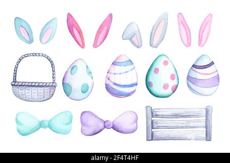 Easter eggs and bunny ears watercolor clipart on white background. Cute bunny ear and eggs decoration. Easter seasonal sticker set. Watecolor easter c Stock Photo
