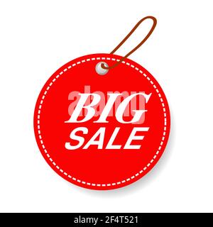 Vector Red Circle Tag with Big Sale text, White dash outline Stock Vector