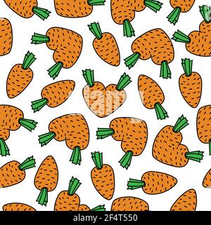 Illustration Seamless Pattern with Ripe Carrots, with orange heart-shaped carrots. Wallpaper Vegetarian Food - Vector. Stock Vector