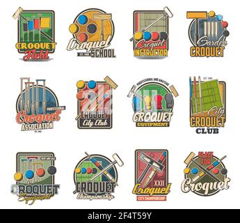 Croquet sport game ball, mallet and wicket isolated vector icons. Croquet court with hoops, colorful scoring posts, corner flags and clips, retro symb Stock Vector