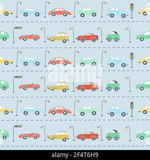 endless pattern set city cars traffic lights road. simple hand drawing style vector illustration. Stock Vector