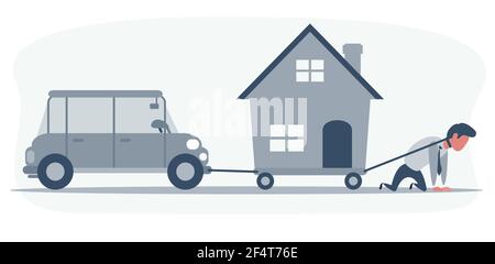 Business concept vector illustration of a businessman on knees dragging a house and a convertible car. Financial problem, burden, pressure, debt Stock Vector