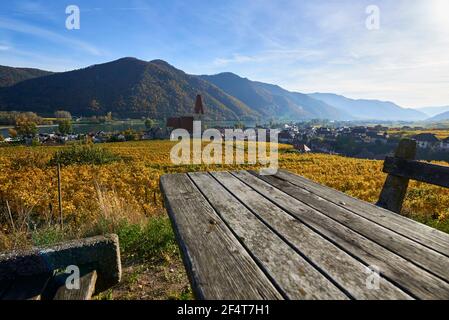 geography / travel, Austria, Weissenkirchen, view from the resting place towards the fortified church , Additional-Rights-Clearance-Info-Not-Available Stock Photo