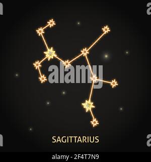 Neon Sagittarius zodiac sign on dark background. Shining constellation in the night sky. Vector illustration. Stock Vector