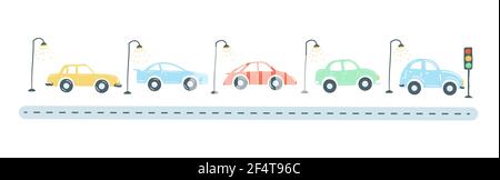 traffic jam from colored cars flat simple cartoon style hand drawing. vector illustration Stock Vector