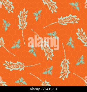 Abstract lavender and bees seamless vector pattern background. Painterly stencil style purple blossoms, bees on neon orange honeycomb backdrop Stock Vector