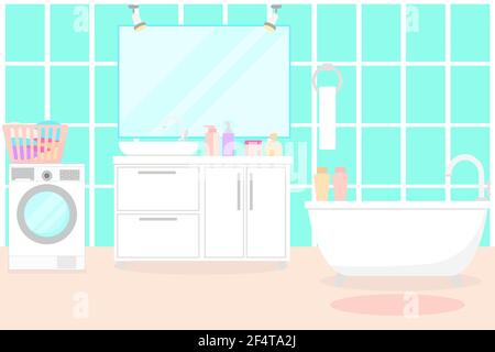 Bathroom with furniture and fixtures. Vector. Living room with bath, washbasin, mirror and washing machine. Home room for washing and cleaning. Flat i Stock Vector
