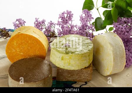 redbud flower and various soaps Stock Photo