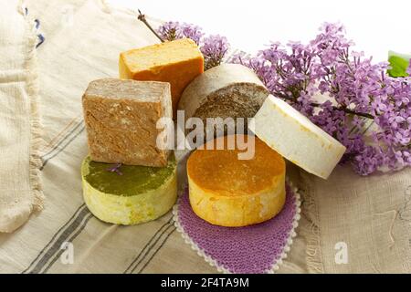 redbud flower and various soaps Stock Photo