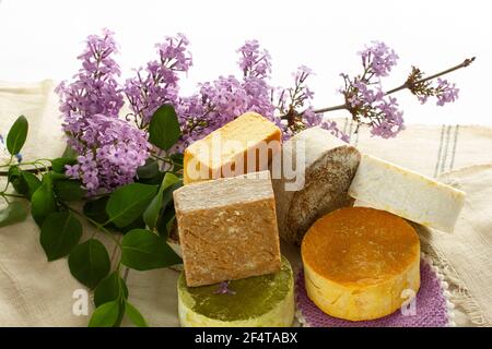 redbud flower and various soaps Stock Photo