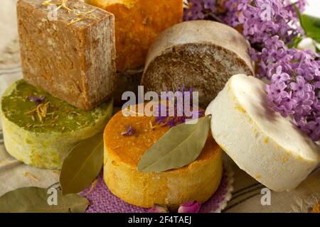 redbud flower and various soaps Stock Photo