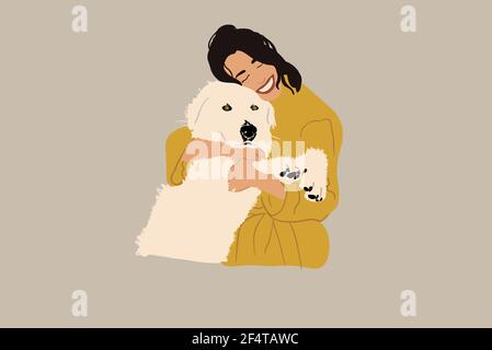 Happy woman hugs with a big white dog. Lifestyle and pet friendly concept. Have a fun together. Vector illustration. Stock Vector