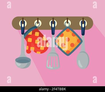 kitchen utensils and cutleries hanging Stock Vector