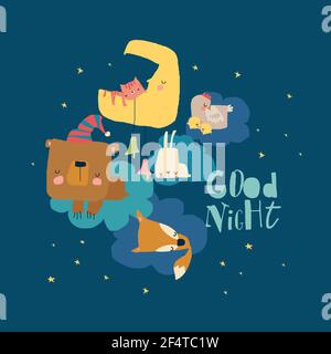 Cute cartoon animals sleeping on clouds. Sweet dreams Stock Vector