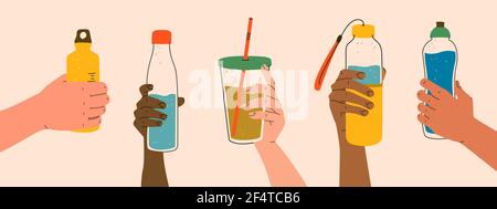Reusable container for liquids. Various poses of hands holding a bottle, tumbler, sports water bottle. Use your own bottle. Vector, retro colors. Stock Vector