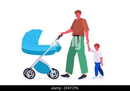 young father walking outdoor with son and baby in stroller fatherhood parenting concept Stock Vector