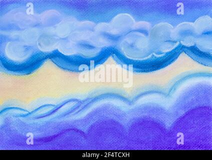 Abstract sea, sand and cloud sky suitable for card with copy space - hand drawn pastel on textured paper in blues, violet and yellow Stock Photo