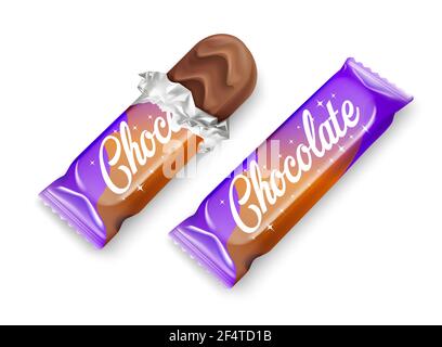 Chocolate bar in opened purple wrapped and foil Stock Vector
