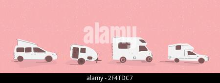 Various camping van, trailer, road house, camping caravan. Concept of vacation on road, traveling by car, rent a motorhome. Vector illustration in Stock Vector