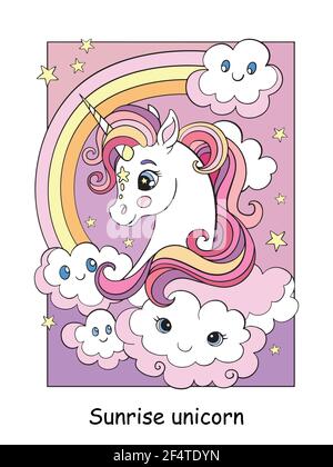Beauty unicorn head with rainbow and clouds. Vector cartoon colorful illustration. For postcard, posters, design, greeting card, stickers, room decor, Stock Vector