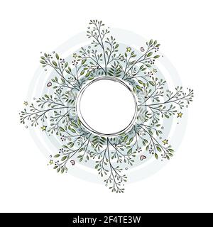 Floral wreath, frame of doodle branches, hand drawn Illustration. Isolated on white background. Flat style. Perfectly for greeting card design, label, background. Space for your text. Set of vector sticks Stock Vector